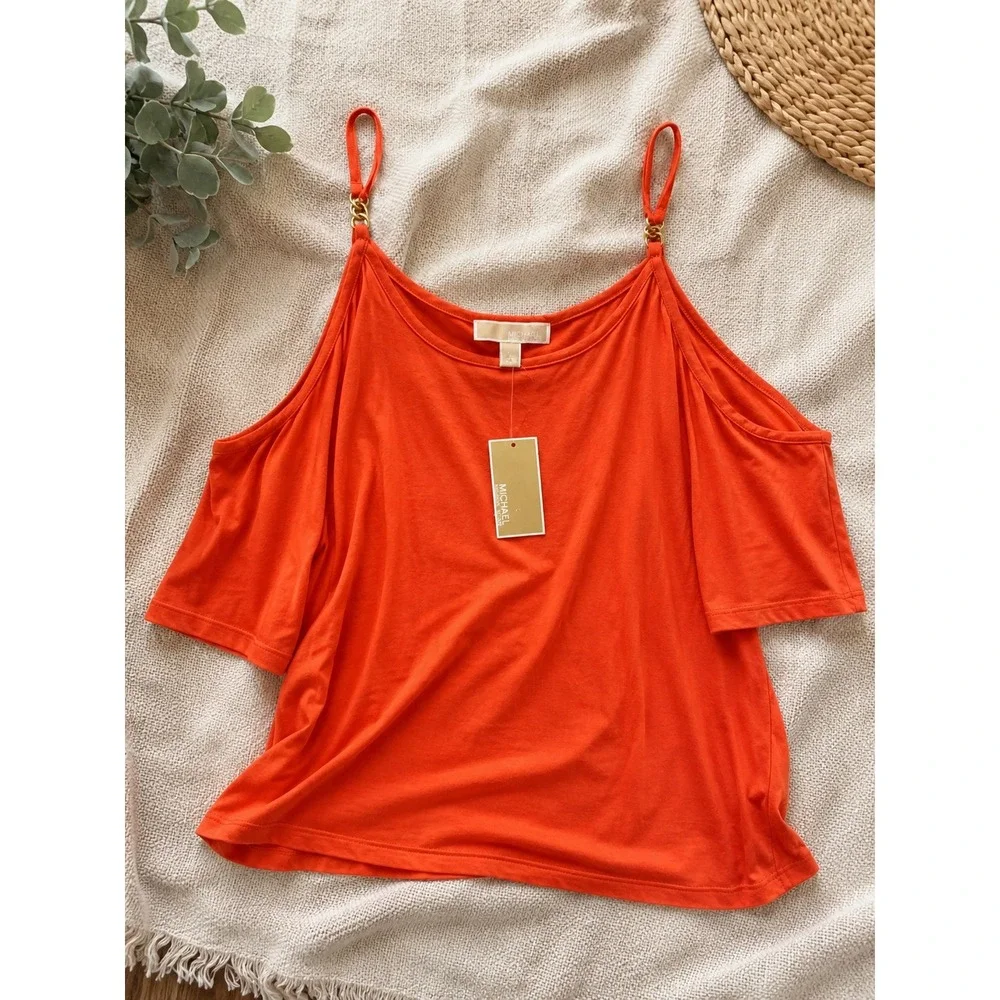 Michael Kors Womens Zinnia Cold Shoulder Chain Strap Top QS250TQ6TF Orange XL